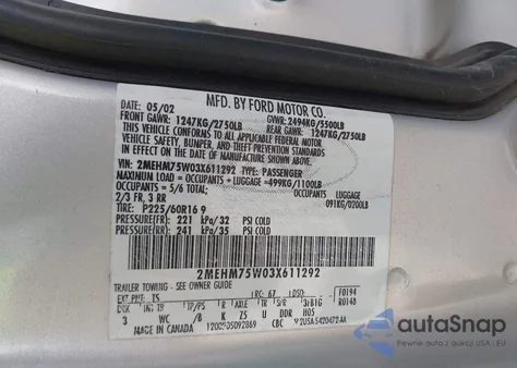 2003 Mercury Grand Marquis Ls from USA, damaged, VIN 2MEHM75W03X611292